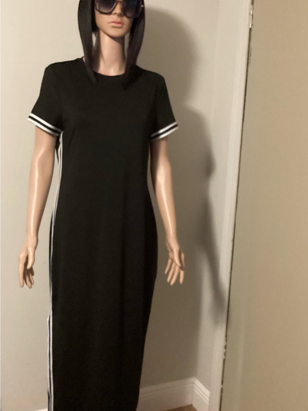 SHEIN Black Maxi Tee Dress with White Sport Stripes and Split on side